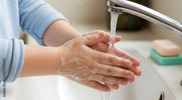 Fototapeta A person meticulously washes their hands with soap, the clear water flowing over their fingers in a close-up shot, emphasizing hygiene and cleanliness. 