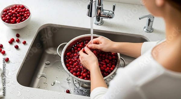 Fototapeta A person washes fresh cranberries under running water in a stainless steel sink, capturing a moment of food preparation in a clean kitchen setting. 