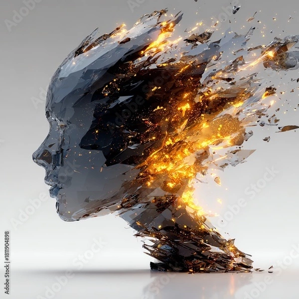 Obraz Modern technology-inspired artwork of a glass head exploding from inside with flowing fire