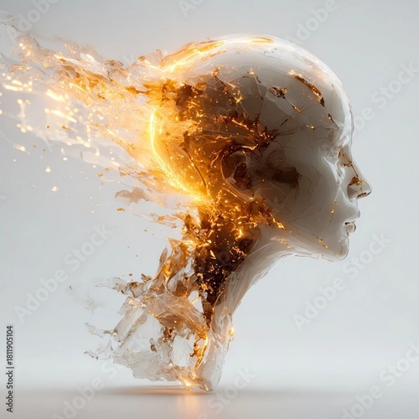 Obraz Surreal scientific visualization of a glass human head fracturing with streams of fiery digital energy and particles escaping into the air