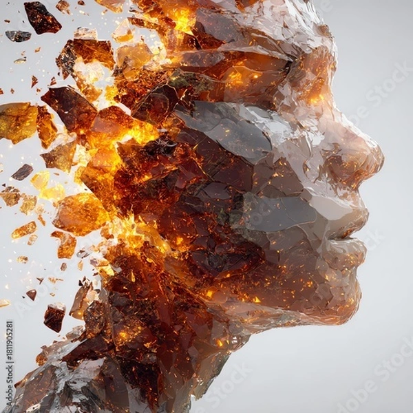 Obraz Abstract glass human head shattering outward with fiery glowing energy and sparks