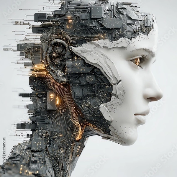 Obraz Digital human face made of layered circuit board patterns with microchips and neural networks glowing inside