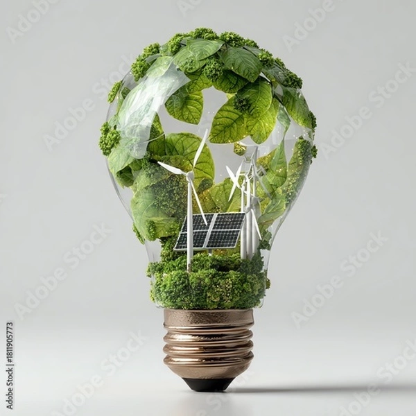 Obraz Green glowing light bulb filled with leaves