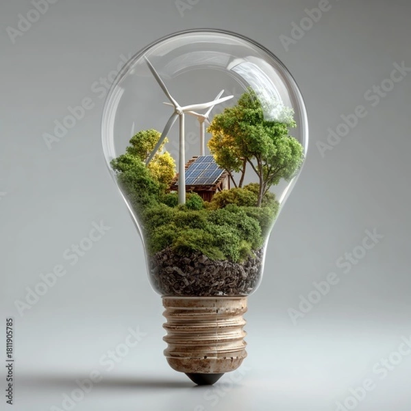 Obraz Green glowing light bulb filled with leaves