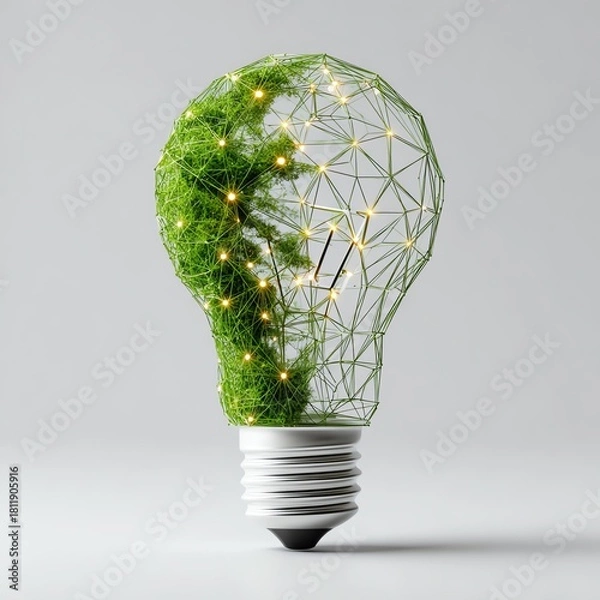 Obraz Modern minimal design light bulb made of interconnected green low-poly lines and nodes