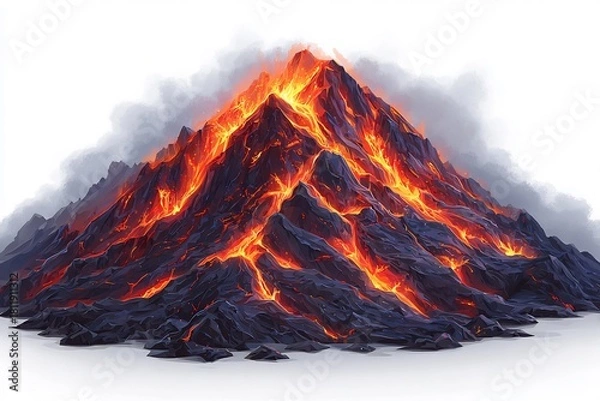 Obraz Erupting Volcano with Lava Flow and Smoke with Isolated on White Background.