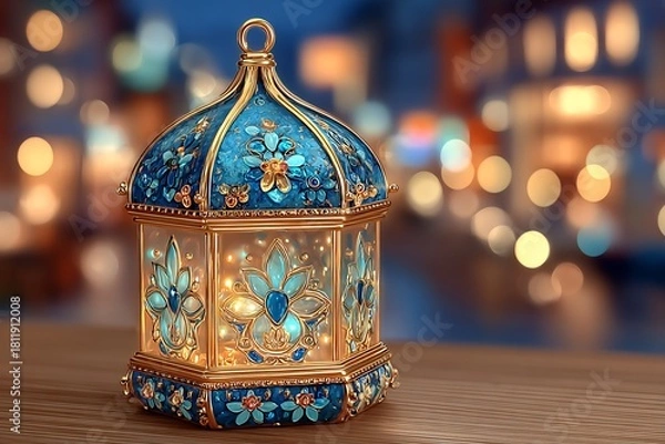 Obraz Exquisite Decorative Lantern with Jeweled Detailing with Lit with Fairy Lights, and Bokeh Background.