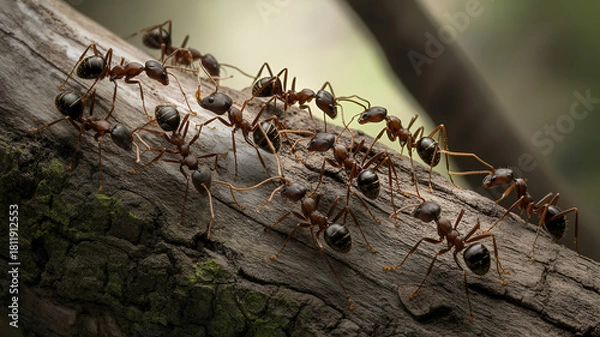 Fototapeta Ants working together across leaf surfaces in a shallow-depth macro scene, showing connection and teamwork, Ant Movement Macro – Natural Insect Study