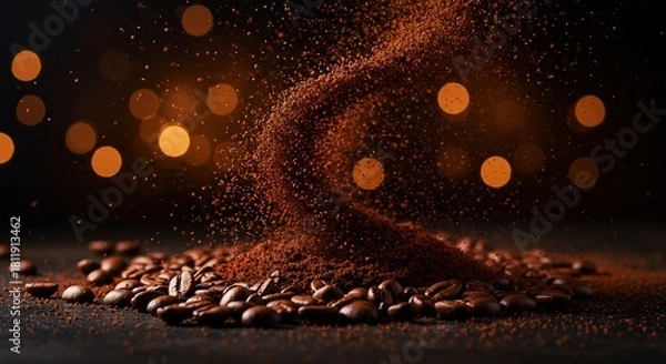 Obraz Coffee Beans and Powder Falling with Bokeh Lights.