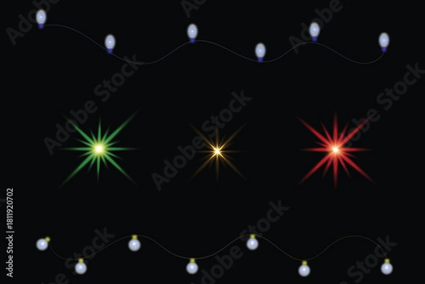 Fototapeta Festive string lights and colorful starbursts on a dark background