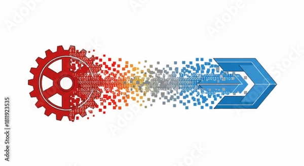 Obraz Vector illustration of digital transformation. A red gear dissolves into binary code and pixels, forming a blue arrow. Business modernization and data processing concept