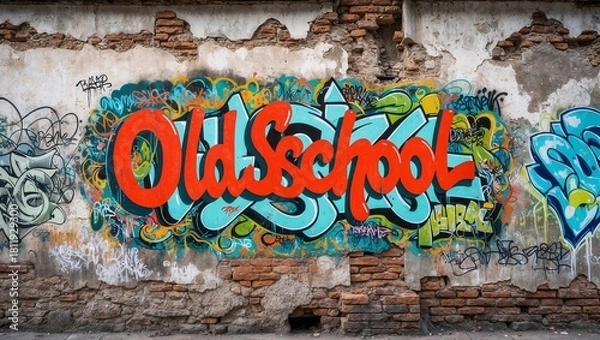 Obraz A wall with red graffiti with text “OldSchool.”
