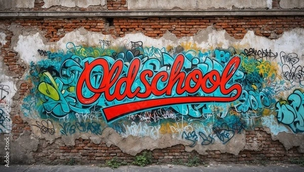 Obraz A wall with red graffiti with text “OldSchool.”
