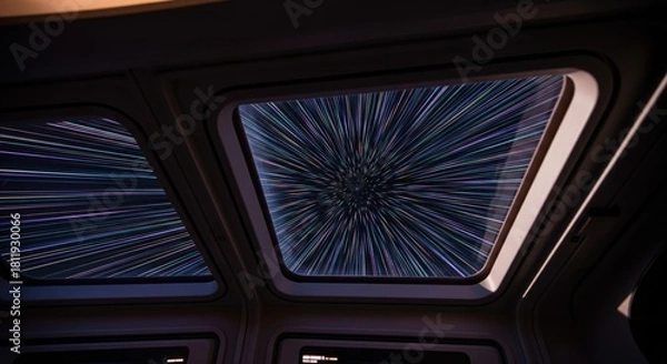Fototapeta Futuristic Starship Viewport with Light Speed Motion in Deep Space Scene
