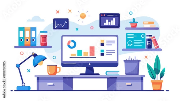 Obraz Modern home office setup with data visualization and desk accessories