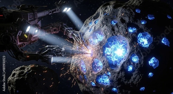 Fototapeta Futuristic Robot Mining Asteroid with Radiant Blue Crystals in Deep Space Environment