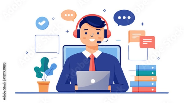 Obraz Customer service representative with laptop and chat bubbles