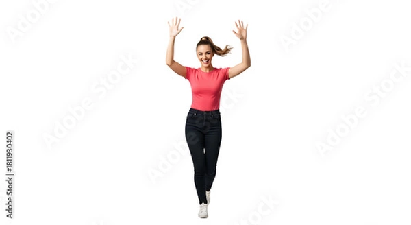 Obraz Cheerful young woman in casual clothes jumping with raised hands isolated on transparent background full length studio shot of happy girl
