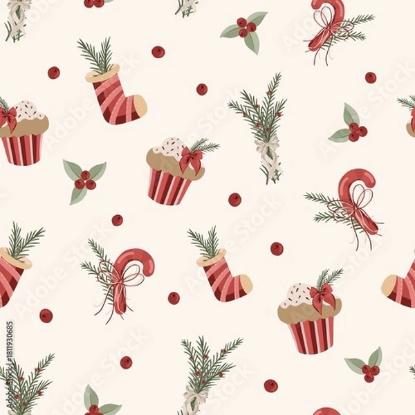 Fototapeta Christmas Seamless Pattern with Cupcakes, Stockings, Candy Canes and Winter Foliage on Light Background