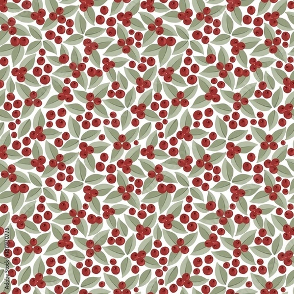 Fototapeta Christmas Seamless Pattern with Holly Berries and Winter Foliage on Light Background