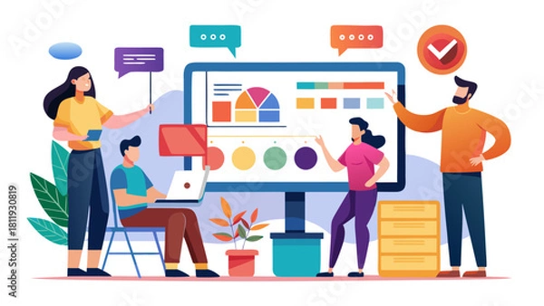 Fototapeta Team collaborating on a presentation with charts and graphs