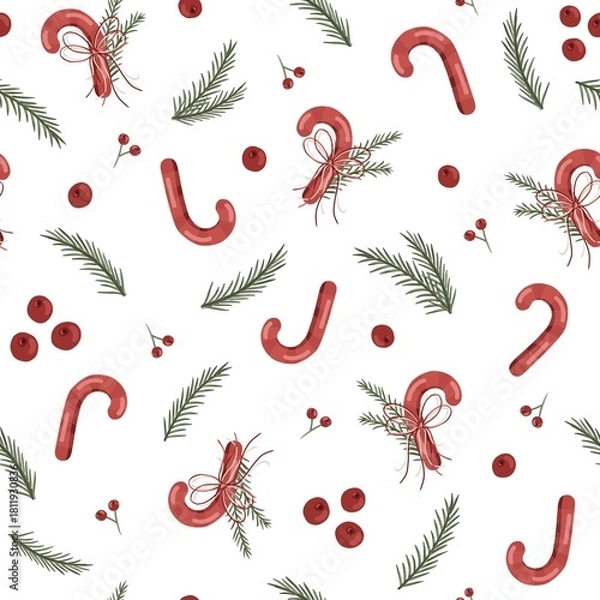 Fototapeta Christmas Seamless Pattern with Holly Berries Candy Canes and Winter Foliage on Light Background