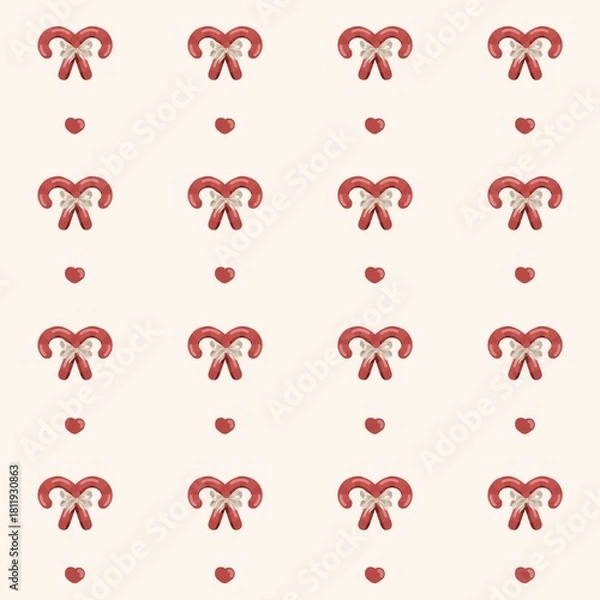 Fototapeta Seamless Christmas Pattern with Candy Canes, Hearts and Festive Bows