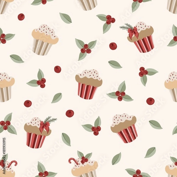 Fototapeta Christmas Cupcakes and Holly Berries Seamless Pattern on Light Background