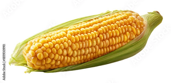 Obraz Fresh yellow corn cob with green leaves isolated on transparent background