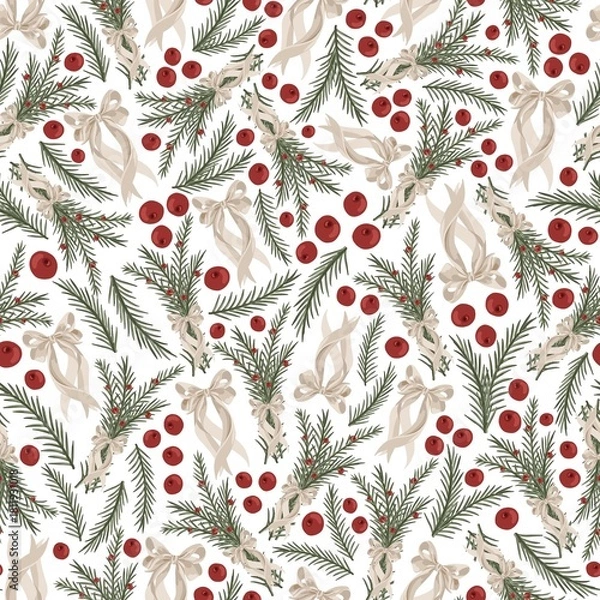 Fototapeta Christmas Seamless Pattern with Holly Berries, Christmas bow and Winter Foliage on Light Background