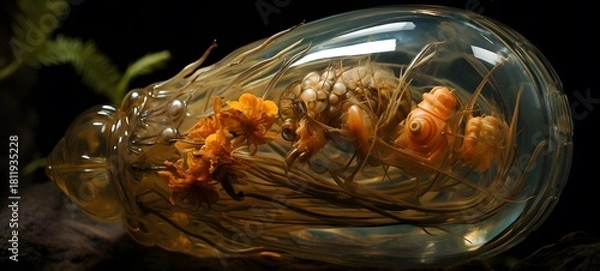 Obraz A cocoon , a small creature made of glass that is sitting in the palm of your hand ,generative AI