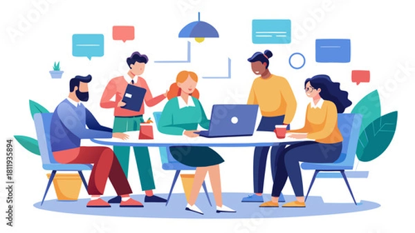 Obraz Diverse team collaborating around a table with a laptop