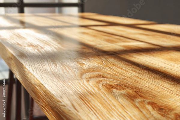 Obraz Bright oak table wooden surface sunlight shadow room interior natural grain warm tone empty tabletop closeup texture clean finish modern home