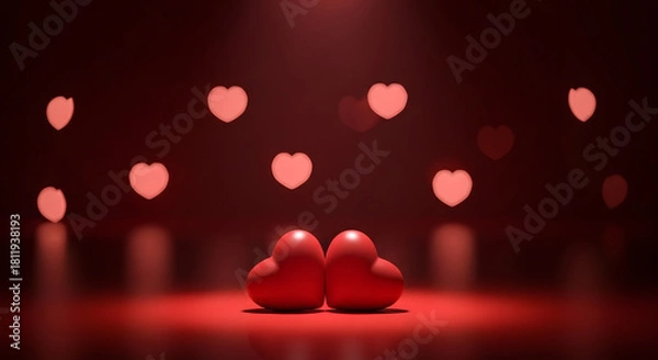 Fototapeta Two red heart shaped objects in a romantic spotlight with bokeh hearts