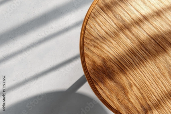 Fototapeta Bright oak table top mockup with sunlight reflection, warm wood grain, round edge, minimal scene, soft shadow, natural texture, calm mood