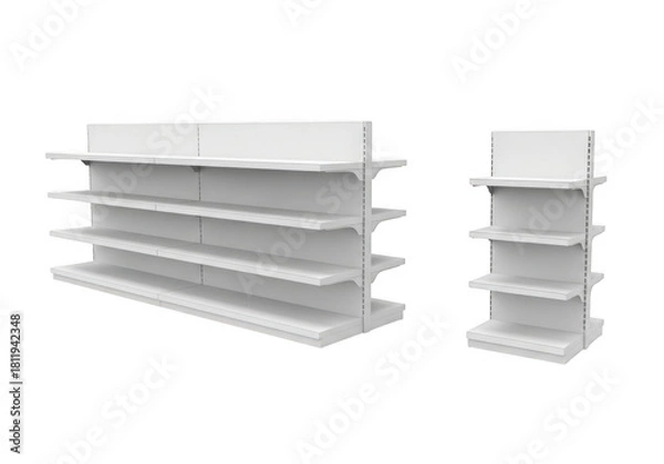 Fototapeta Two white retail display shelves, one long and one short, isolated on transparent background
