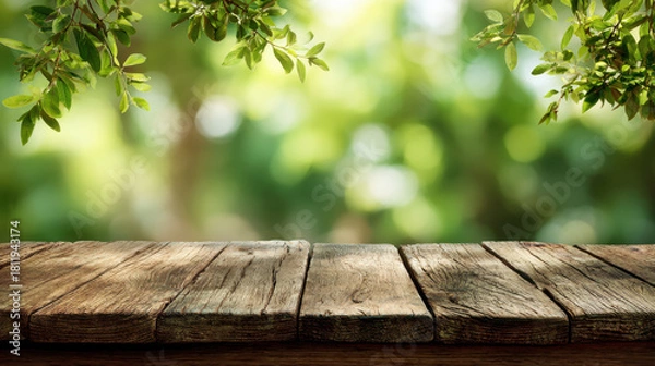 Fototapeta Wood table rustic wood wooden plank green bokeh natural light outdoor empty surface copy space foliage leaves sunlight blurred background summer