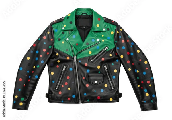 Obraz A vibrant, customdesigned leather biker jacket with a striking green and black color block design, adorned with colorful polka dots, isolated on transparent background