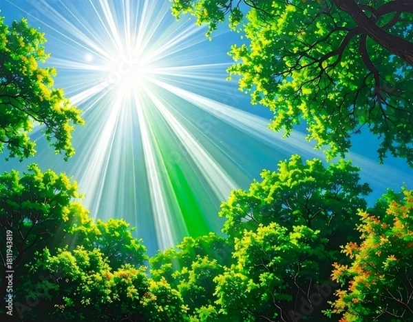 Fototapeta Sunlit Forest Transition with Autumn Hues and Ethereal Glow for Editorial and Web Use