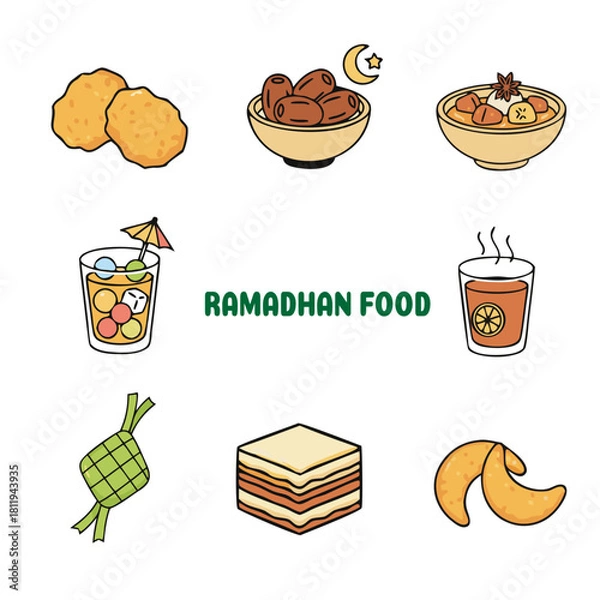 Obraz Ramadan Iftar Food and Drinks Vector Set