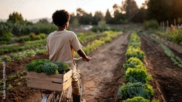 Fototapeta Sustainable Farming Boy on Bicycle Carrying Fresh Greens Through Vegetable Rows at Sunset, Calm Hopeful Mood, Natural Documentary Style, Concept for Local Food Transport, Organic Harvest, Eco