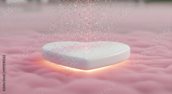 Fototapeta Heart shaped bath bomb dissolving in pink water with glowing light