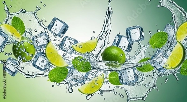 Fototapeta Refreshing Lime Mint And Ice Cubes Splashing In Water