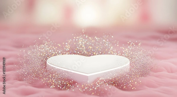 Fototapeta Empty white heart shaped pedestal on a soft pink background with glitter