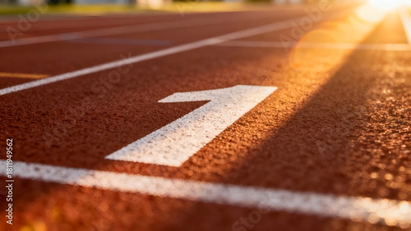 Obraz Close-up view of lane one on a sunlit running track, ideal for motivational sports ads or fitness promotions.