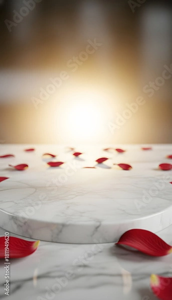 Fototapeta Soft focus background with red rose petals scattered on a white surface