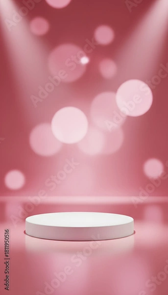 Fototapeta Empty white podium illuminated by soft pink spotlights and bokeh lights