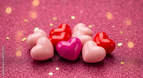 Fototapeta Group of heart shaped candies on a sparkly pink background