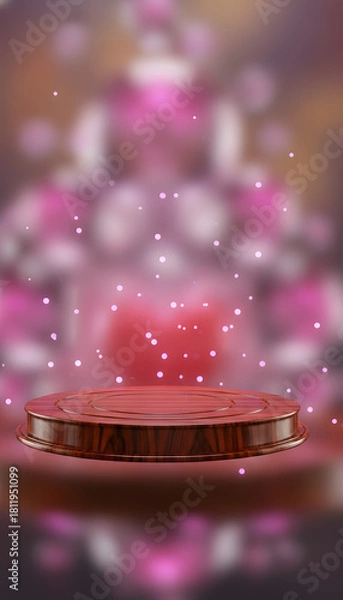 Fototapeta Empty podium with pink bokeh lights and glitter particles