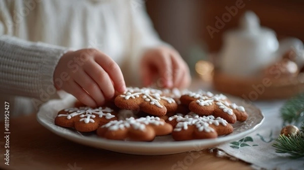 Obraz Child hands decorating gingerbread cookies, joyful and cozy mood, close-up food photography with white icing snowflakes for Christmas baking, family tradition storytelling, festive kitchen scenes,